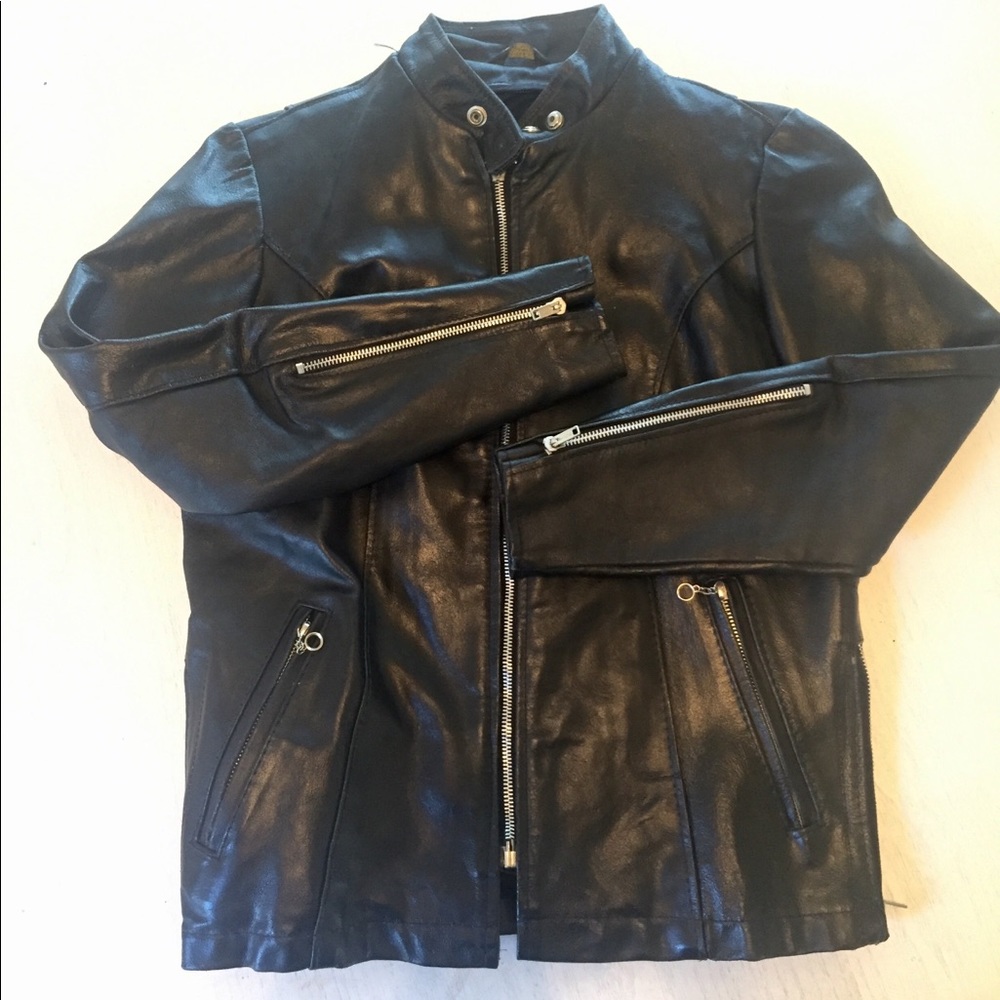 Black leather cafe motorcycle jacket